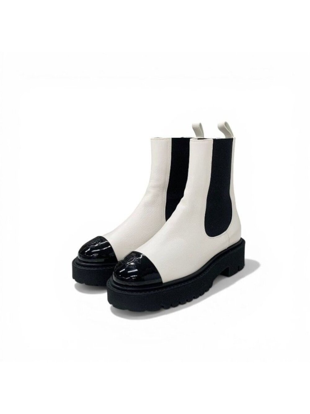 Chanel Boots Short Shoes Leather Patent White Black CC Logo Side Gore